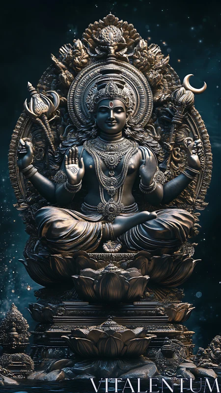 Celestial bronze deity in serene lotus stillness under stars.