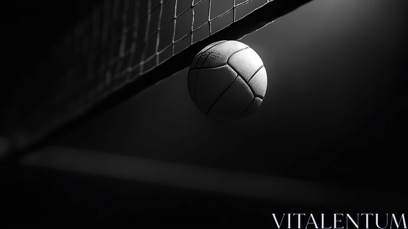 Volleyball pauses on net in stark black and white light.