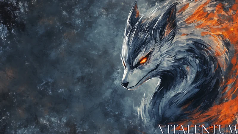 Fiery-eyed spectral wolf emerges from swirling embers