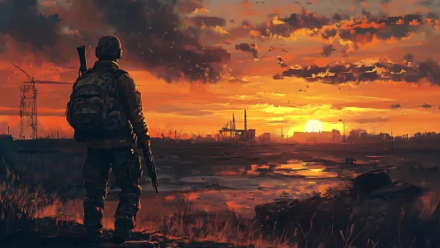 Solitary soldier overlooking war-torn industrial sunset plain.