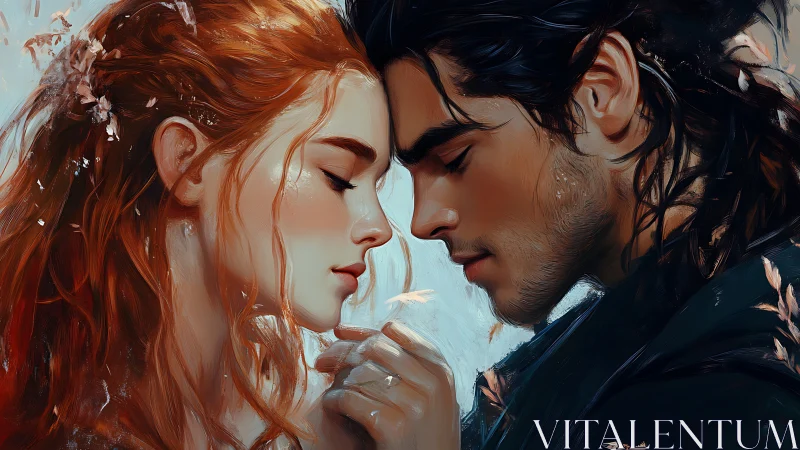 Romantic Portrait: Red-Haired Woman and Dark-Haired Man in Digital Oil Paint