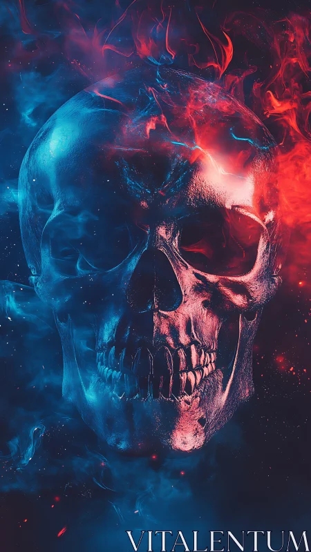Digital skull render shows split red and blue luminous shading