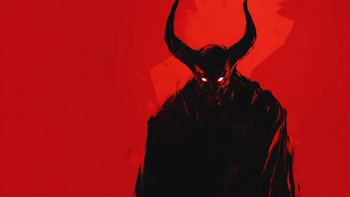 Shadowed horned demon gazes out from bold crimson depths