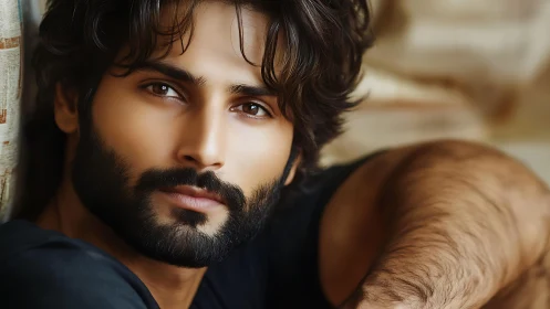 Bearded man gazes softly into camera in warm intimate light