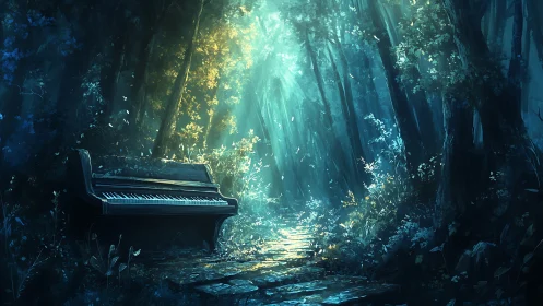 Forest piano catches dawnlight on a mossy, enchanted path.