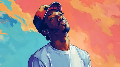 Bold digital portrait under vivid orange blue sky.