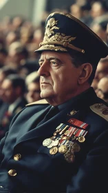 Decorated military officer in full dress uniform, solemn gaze.