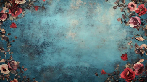 Weathered teal wall hosts dark red floral border corners