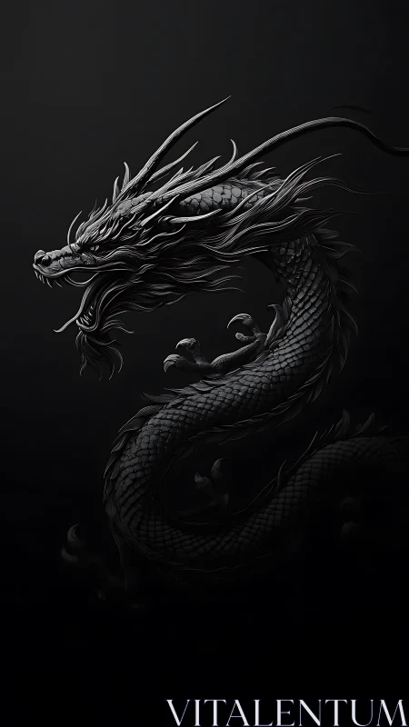 Monochrome serpentine dragon rendered with high-contrast rim lighting