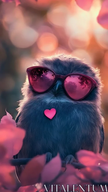 Cool owl in rosy sunglasses under soft sunset glow.