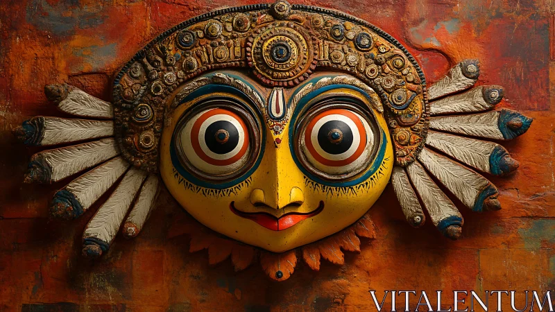 Radiant traditional mask smiles with bold circular eyes