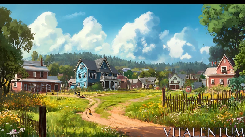 Rural village houses along dirt path in open landscape.