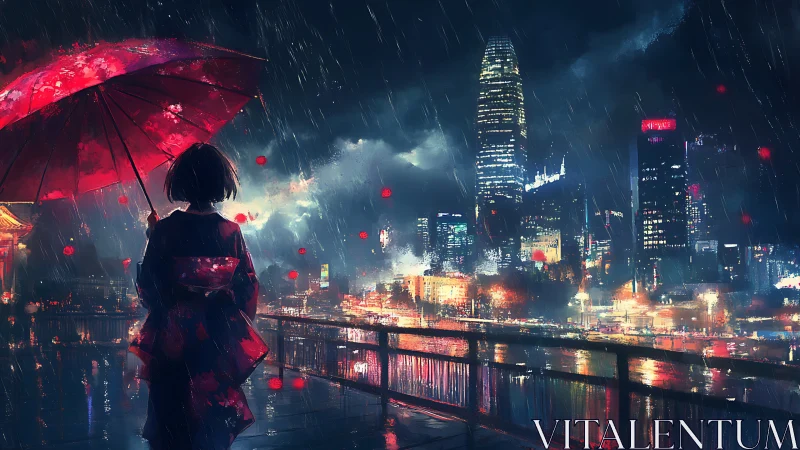 Solitary figure observes neon metropolis under torrential rain