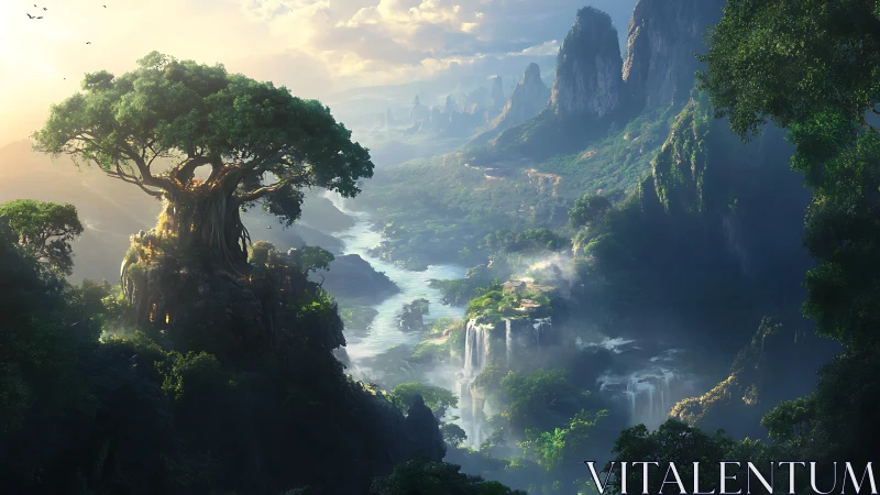 Fantasy landscape with ancient tree, waterfall, and cliff formations