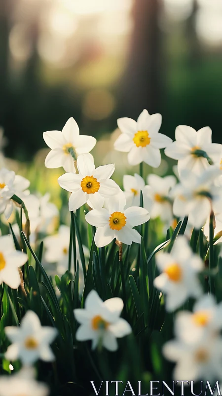 White Daffodils with Golden Centers in Spring Bloom.