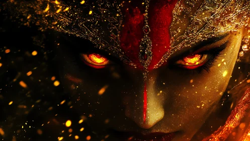 Fiery gaze of a cosmic goddess in molten golden sparks.