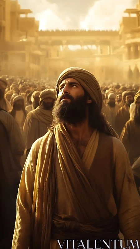 Man in ancient desert city gazes upward amid solemn crowd