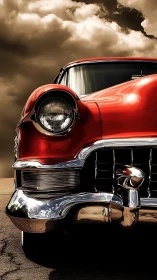 Chromed vintage coupe under turbulent cumulonimbus sky.