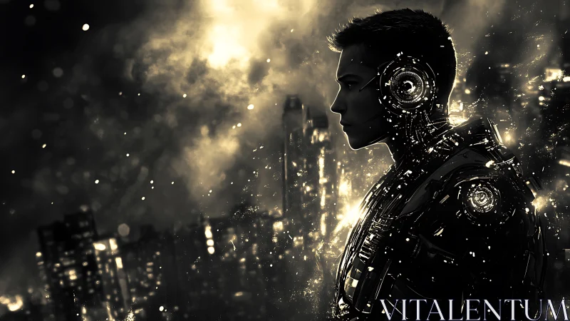 Cybernetic male profile integrates luminous circuitry in noir skyline