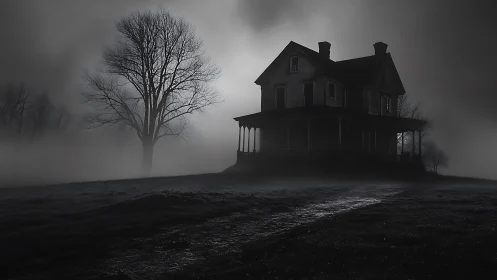 Moon-drowned farmhouse brooding in a silver-gray graveyard fog.