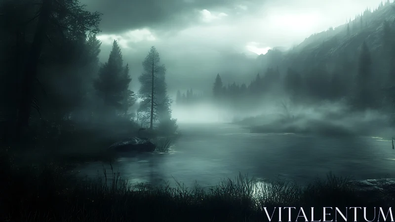 Foggy forest lake at dawn with dark trees and hills.