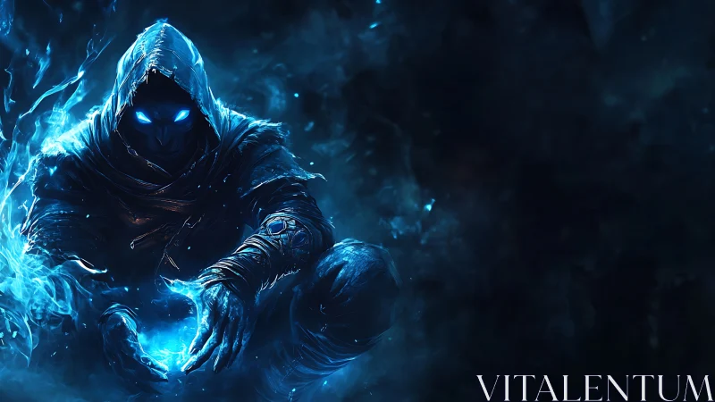 Hooded mage cradles vivid blue energy in a dark void