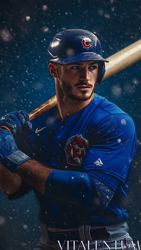 Photorealistic baseball portrait under dynamic stadium rain.