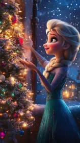 Snowy princess admires glowing Christmas tree at dusk