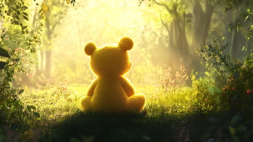 Golden plush bear silhouette in sunlit forest clearing.