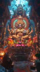 Majestic deity floats in luminous temple of color and light.