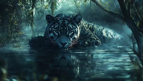 Watchful jungle leopard resting low in a misty moonlit pool.