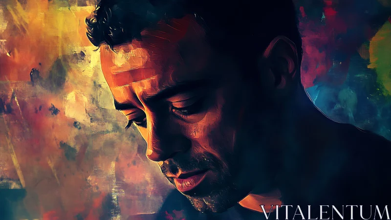 Quiet storm of color pools around a pensive painted face