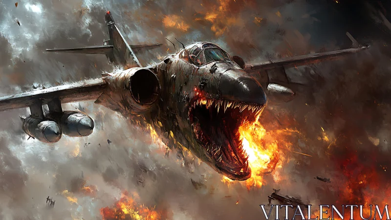 Warplane morphs into fiery monster jaw amid chaos and fire.