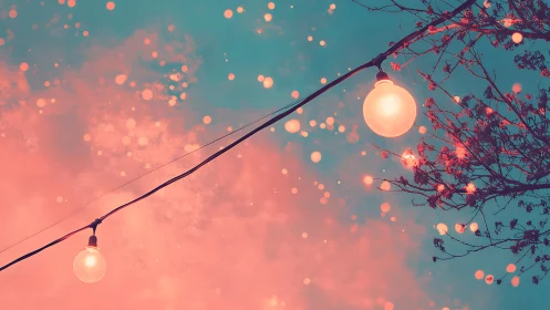 Dreamy string lights glowing against a soft pastel sky.