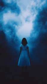 Silhouetted girl walks into blue fog toward glowing void