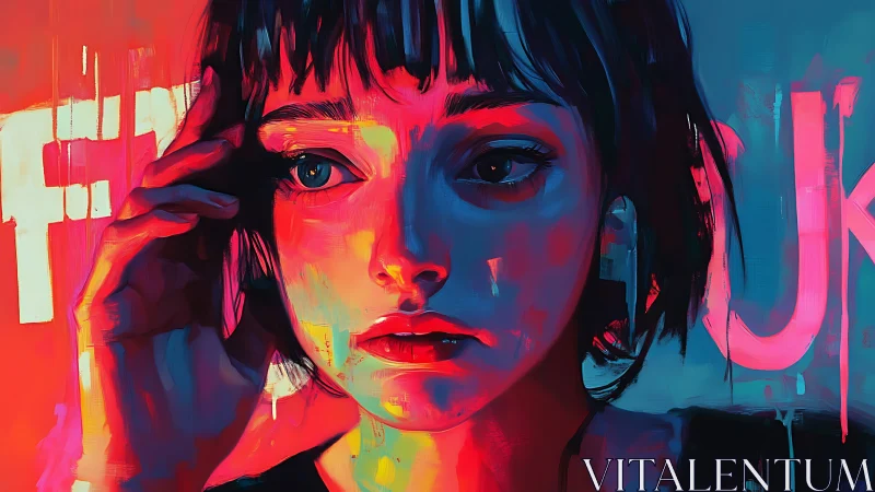 Neon-lit portrait isolates a pensive girl in dual-tone glow