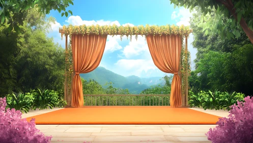 Outdoor stage with orange draped canopy in garden setting.