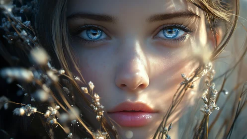Ethereal blue-eyed portrait framed by frosted meadow stems.