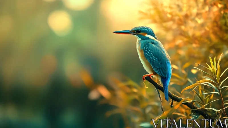 Vibrant kingfisher on branch in golden sunlight, nature photography.