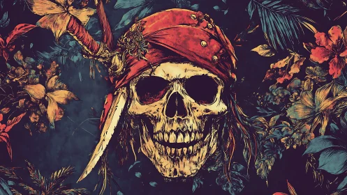 Pirate skull with bandana and sword amid tropical flowers.
