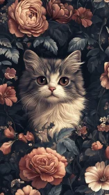 Fluffy Cat Among Garden Roses and Blooms.