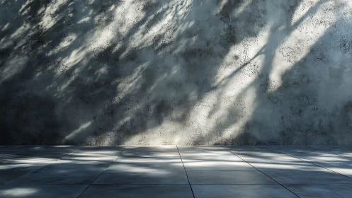 Shadows dance lightly across a weathered concrete stage wall
