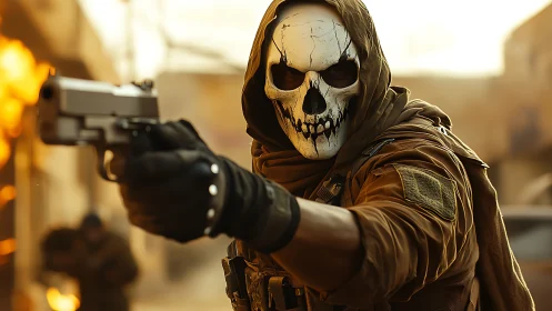Skull-masked soldier aims pistol amid blazing urban chaos