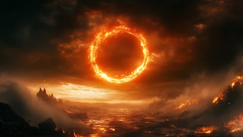 Apocalyptic Ring of Fire Above Desolate Landscape.