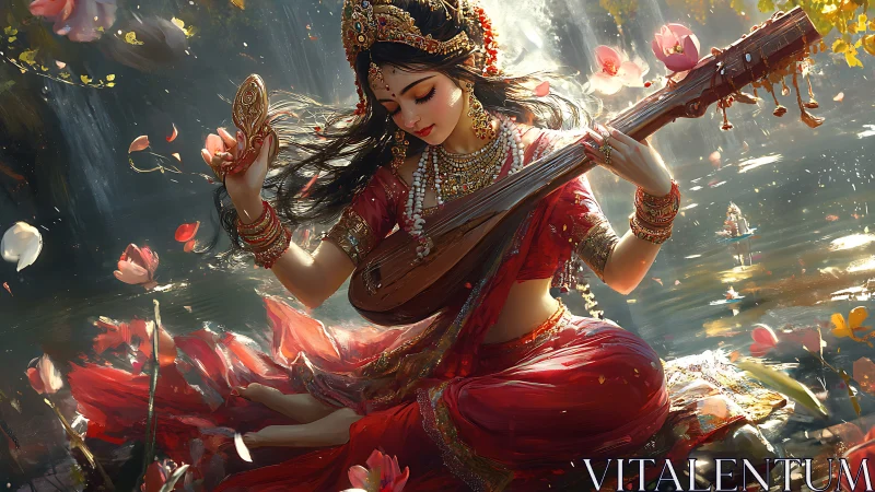 Lotus river hushes as the red-clad muse tunes the dawn