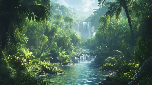 Tropical Waterfall Canyon Wrapped in Emerald Jungle Mist