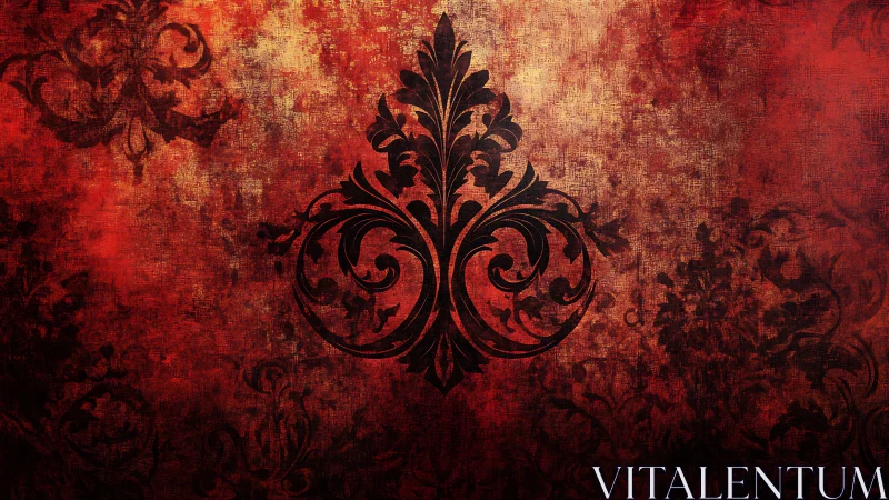 Baroque black flourish on distressed crimson backdrop.