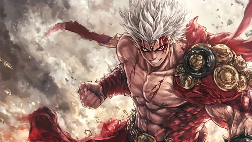 White haired warrior with red markings in dynamic combat pose.