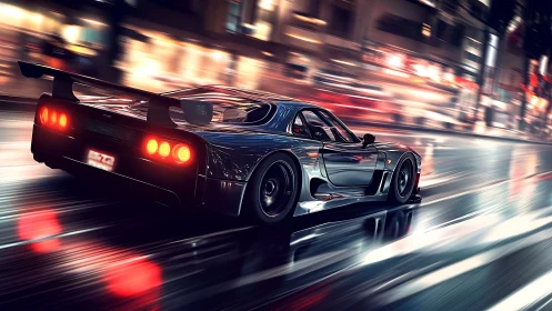 Aerodynamic tuner coupe accelerating on wet neon-lit urban avenue