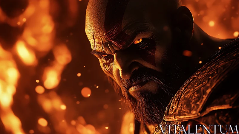 Cinematic close-up of scarred warrior in fiery bokeh field.